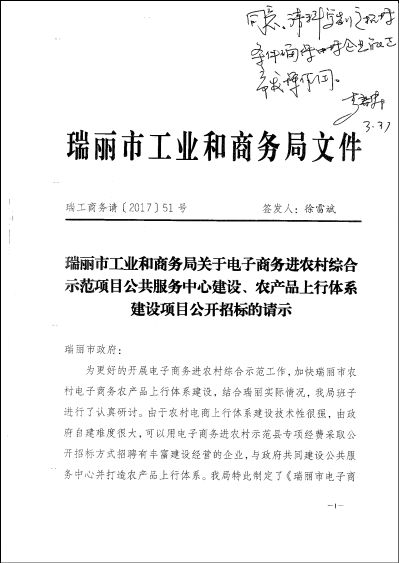 關于瑞麗市電子商務進農(nóng)村綜合示范項目公共服務中心及農(nóng)產(chǎn)品上行體系建設項目公開招標工作暨選定招投標代理服務的請示